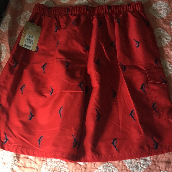 IZOD BOARD SHORTS BATHING SUIT TRUNKS RED MENS SIZE LARGE L DOLPHIN PRINT NEW ! - Picture 5 of 5